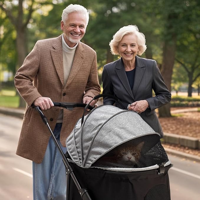 4 Wheels Pet Stroller 4 in 1 Pet Stroller with Detachable Carrier for Small & Medium Dogs Cats up to 55 lbs Easy-Folding Travel Dog Wagon with Car Seat Breathable Mesh,Gray-PawvioPets