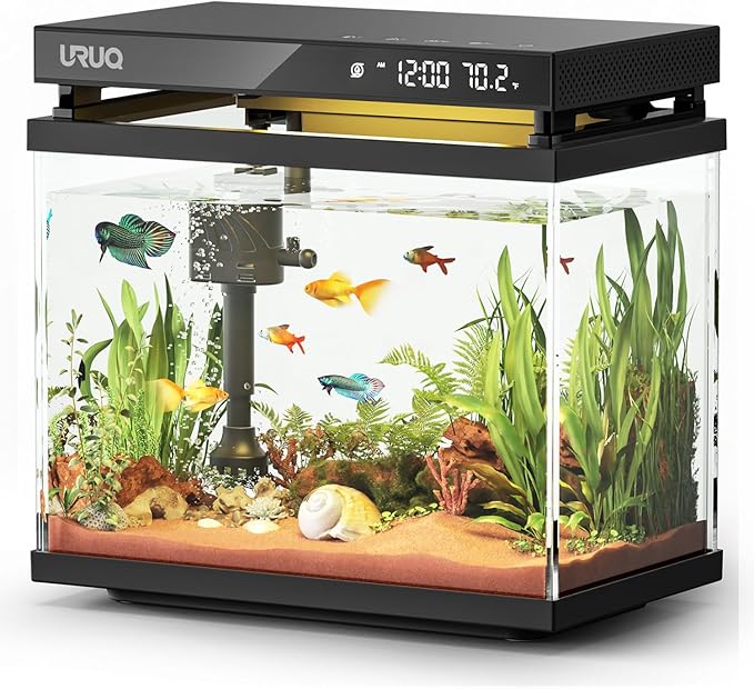 Fish Tank Smart Aquarium Kit: 2 Gallon UHD Glass Silent Water Pump Self Cleaning Multi-layer Filtration System - Temperature Sensing 7-color Lighting for Small Fish Betta Kids Room Desktop Decor Black-PawvioPets