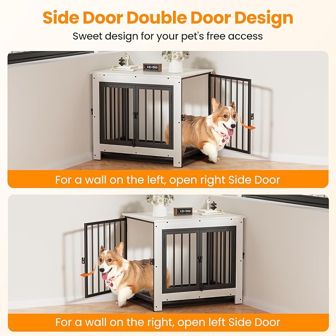 Dog Crate Furniture, Dog Crate End Table for Small and Medium Dogs,Wooden Cage Kennel Furniture Indoor, Modern Dog Crate with Multi-Purpose Removable Tray, Double-Doors Dog Furniture, White-PawvioPets