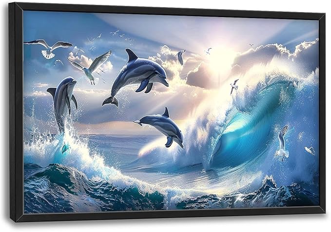 Dolphin Seagull Large Wall Art Sea Ocean Waves Sunrise Pictures Wall Decor Nautical Coastal Canvas Print Painting Artwork for Bathroom Living Room Bedroom 36L" x 24W"-PawvioPets