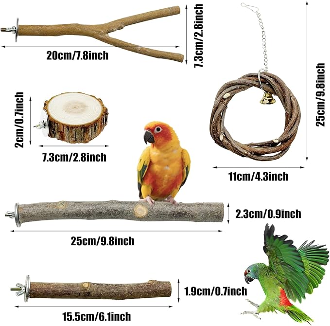 Allazone 10 PCS Natural Parrot Perch Bird Cage Accessories, Bird Platforms, Wood Stands, Grinding Fork Parakeet Platform for Small Lovebirds Budgies Cockatiels-PawvioPets