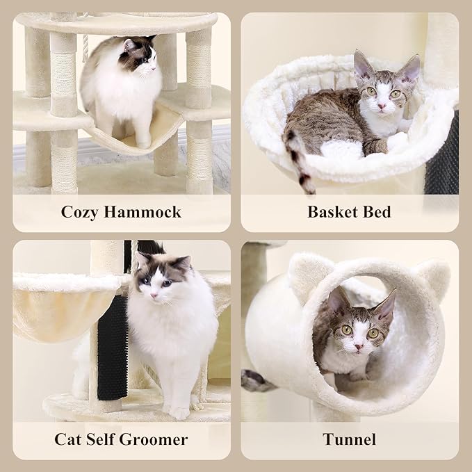 Globlazer Artistic Curved Cat Tower for Small Cats (Under 12 lbs), 81-inch Slim Design Cat Tree with Space-Saving Design, Indoor Cat Condo with Hammock & Tunnel, C81, Beige, Non-Large Cats-PawvioPets