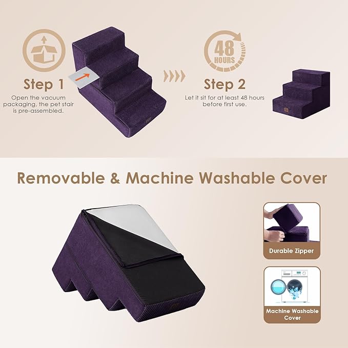 EHEYCIGA Dog Stairs for Small Dogs 13.5" H, 3-Step Dog Steps for Couch Sofa and Chair, Pet Steps for Medium Cats, Non-Slip Balanced Pet Ramp Indoor, Purple-PawvioPets