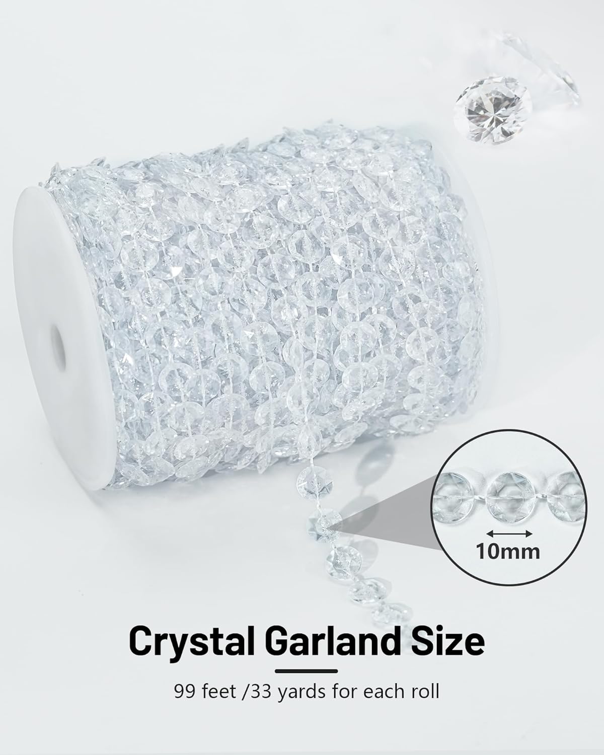 99FT Crystal Garland Strands, Acrylic Clear Crystal Beads String Roll, Diamond-Shaped Crystal Garland for Christmas Tree Wedding Party Decorations Beaded Curtain DIY Crafting Projects