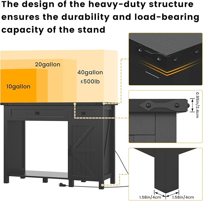 40 Gallon Aquarium Stand With Charging Station, Farmhouse Fish Tank Stand, Reptile Tank Stand Terrarium Stand with Drawer and Cabinet Storage, Sturdy Heavy Duty 41.9"×18.3" Tabletop - Black-PawvioPets