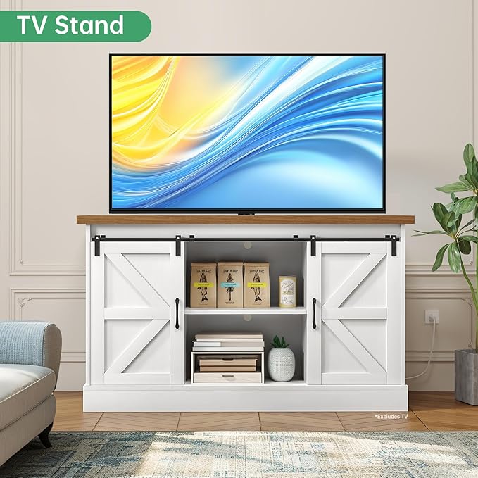 Fish Tank Stand Up to 75 Gallon, Aquarium Stand with Sliding Barn Doors & Power Outlet, White Farmhouse Style Stand with Cabinet Storage for Fish Tank, Turtle Tank, Reptile Terrarium,1000LBS Capacity-PawvioPets