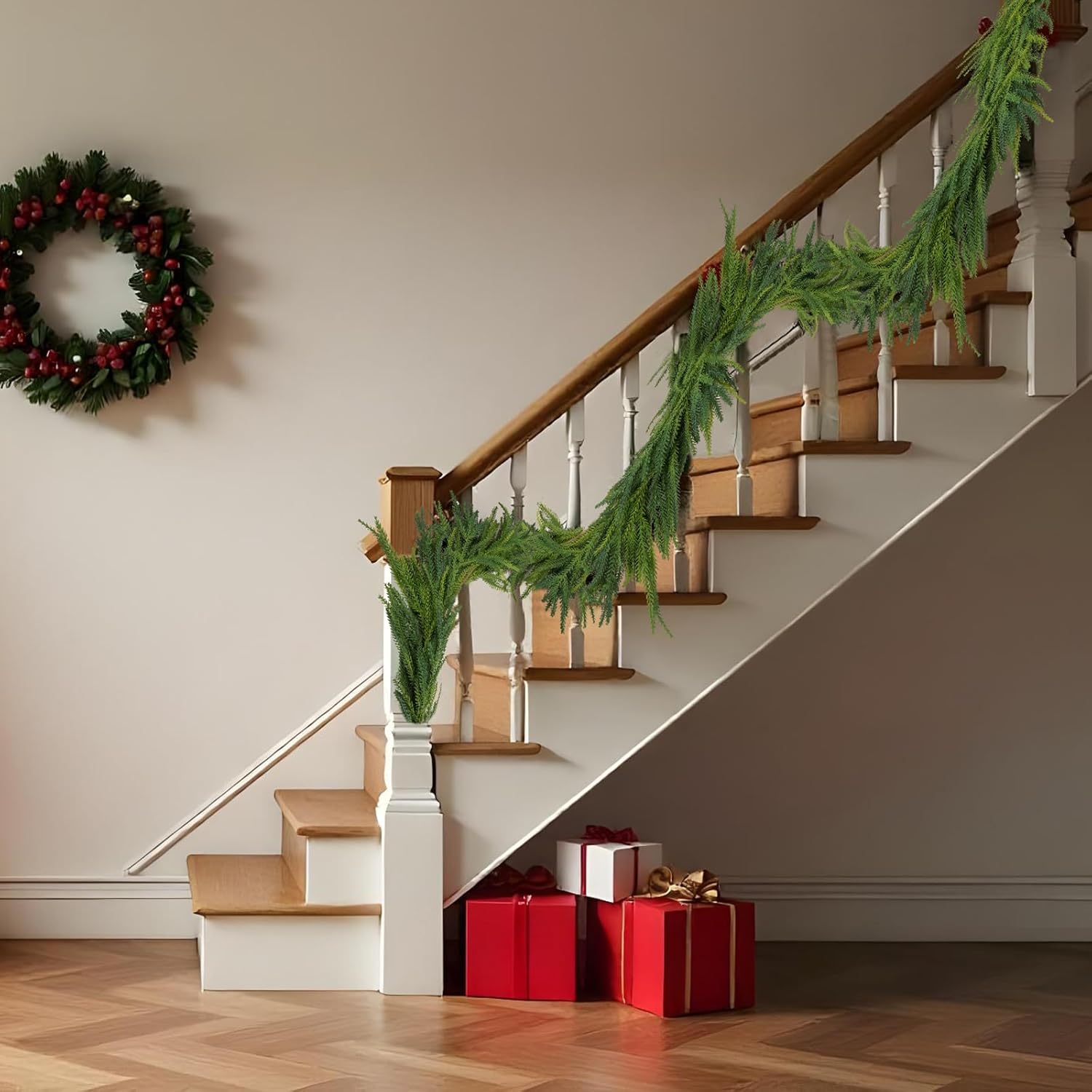 3 Pcs Artificial Norfolk Pine Garlands Christmas, 6 FT Dense Real Touch Winter Pine Garland Ornament, Green Artificial Greenery Garland for Table, Mantle, Wall, Indoor, Outdoor Christmas Decorations