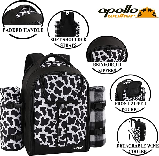 apollo walker Picnic Backpack Bag for 2 Person with Cooler Compartment, Detachable Bottle/Wine Holder, Fleece Blanket, Plates and Cutlery Set (2 Person, Black)-PawvioPets