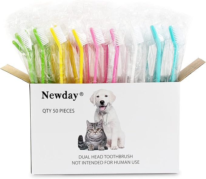 50 Pack Dual Ended Long Dog & Cat Toothbrush, Pet Safe Super Soft Bristles for Pet Dog Puppy Kitten Dental & Oral Care Teeth & Gums, Pet toothbrushes in Box, Bulk Individual polybag (Colorful)-PawvioPets