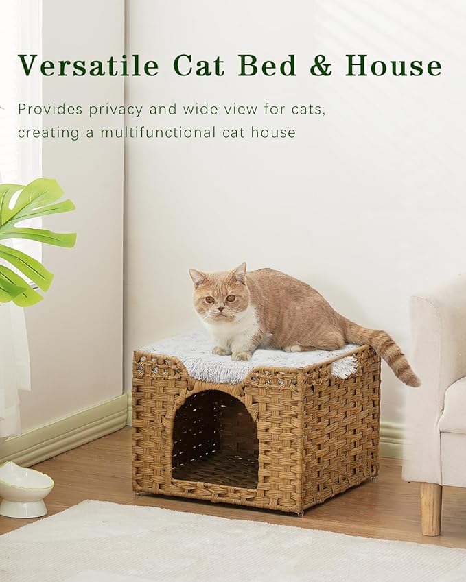 Cat Beds Indoor Kitten House, Handwoven Rattan Cat Cave Pet Cube, Large Cat Houses, One Bed Mat, Foldable, Hideaway, 16.5x16.5x13.2 Inches, 2 S-Shaped Hooks in Living Room Bedroom Natural-PawvioPets