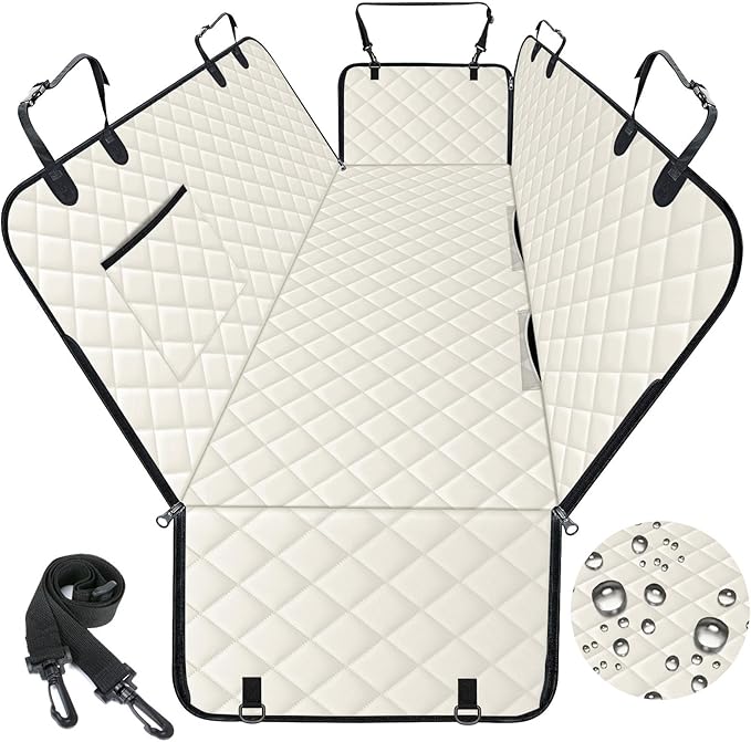 Dog Car Seat Cover, Durable Waterproof Scratch Proof Nonslip Dog Hammock, Pet Back Seat Covers with Pocket for Cars SUVs and Trucks - L, Beige/Black-PawvioPets