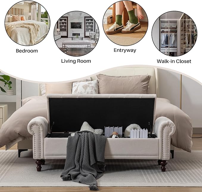 58.1'' Storage Bench Upholstered Linen End of Bedroom Bed Bench Ottoman with Tufted Cushioned Rolled Arm Large Storage Space for Reading Living Room Entryway, Beige-PawvioPets