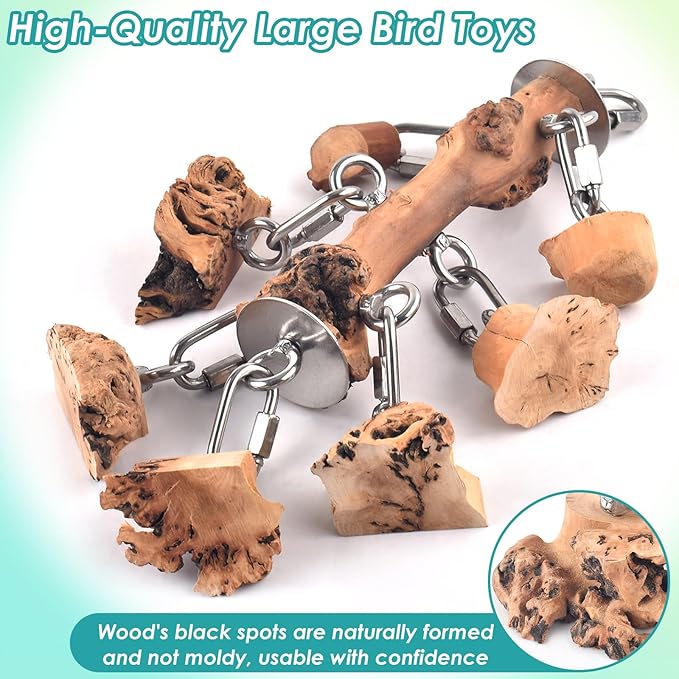 Bird Toys for Parrots, Durable Wooden Large Birds Toy with Stainless Steel, Hanging Natural Chew Hardwood Blocks for Macaws, African Greys, Amazon Parrot, Cockatoos and Small Medium Parakeets-PawvioPets