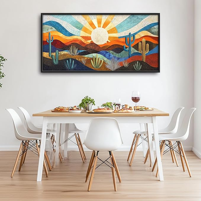 Extra Large Framed Abstract Boho Desert Wall Art, Sun Cactus Landscape Wall Decor Pictures for Living Room,Cacti Canvas Print Painting Modern Artwork Bedroom Office Bathroom Home Decor 60L x 30W-PawvioPets