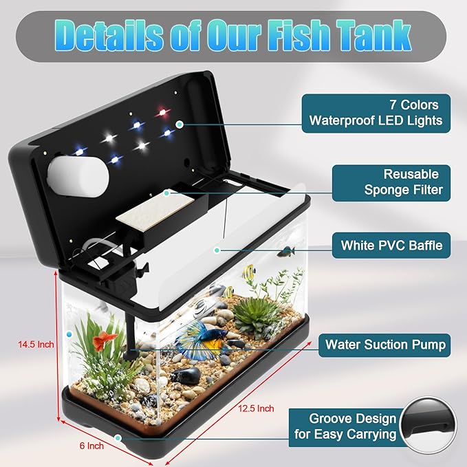 Fish Tank Aquarium 3 Gallon, Smart Aquarium Kits - Silent Water Pump,Self Cleaning System,7 Color Lights,Temperature Display, Aromatherapy, Advanced Filtration-PawvioPets