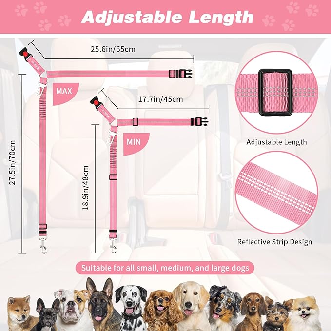 BWOGUE 2 Piece Dog Seat Belt for Car with Elastic Bungee Buffer Safety Seatbelt Car Headrest Restraint Wear Adjustable Metal Buckle Harness in Vehicle Travel for Pet-PawvioPets