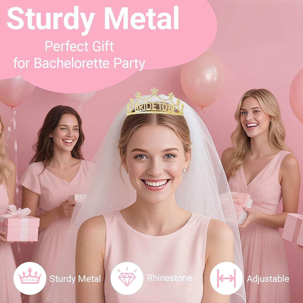 3Pcs Bride to Be Crown with Sash and Veil for Bachelorette Party Decorations，Bridal Shower Accessories for Gift, Favors