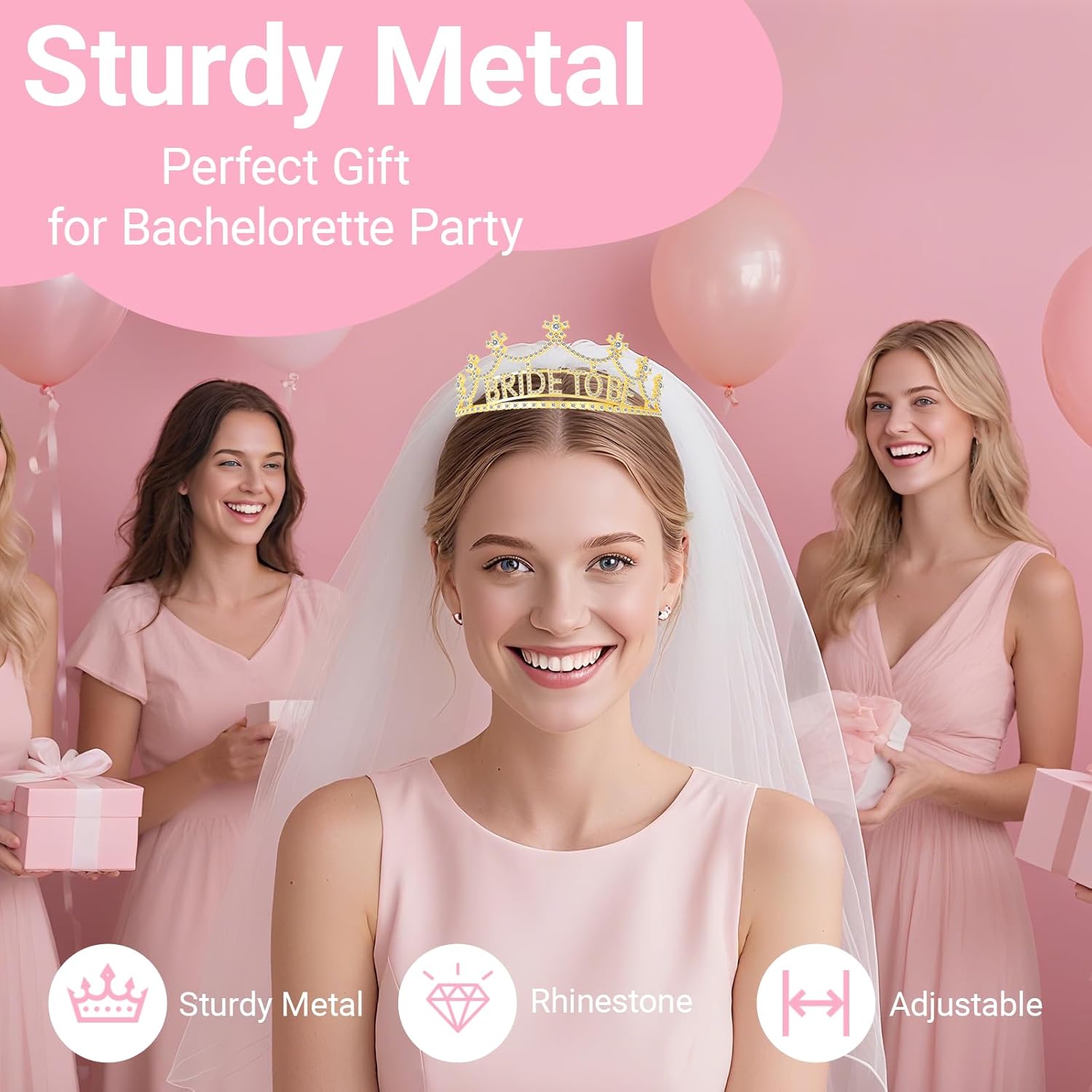 3Pcs Bride to Be Crown with Sash and Veil for Bachelorette Party Decorations，Bridal Shower Accessories for Gift, Favors