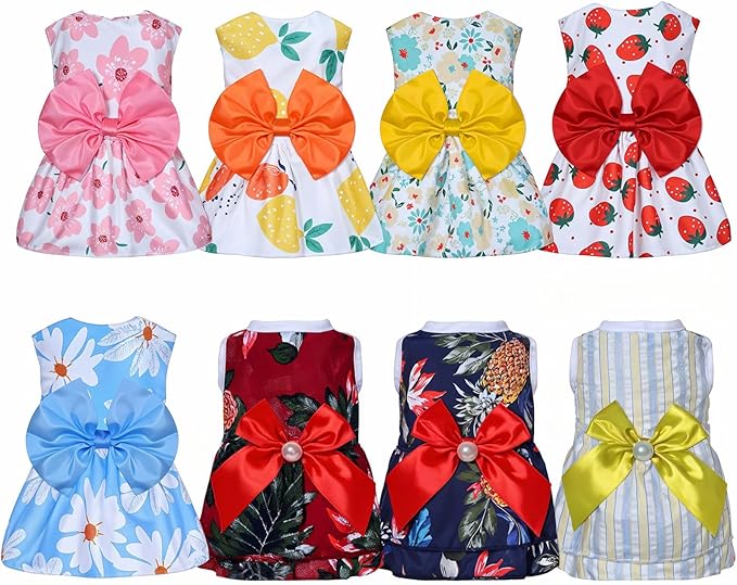 8 Pcs Summer Hawaiian Dog Dresses, Dog Bowknot Dresses Cute Hawaii Puppy Dress Soft Lightweight Clothes Princess Outfits Pet Skirts for Girl Dogs Beach Parties(Medium)-PawvioPets