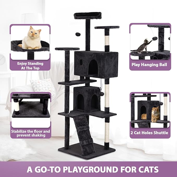 70 inches Cat Tower for Indoor Cats Multi-Level Cat Condos for XL Cat Tree Cat Climbing Tower with Scratching Posts, Hanging Toys,Dark Gray-PawvioPets