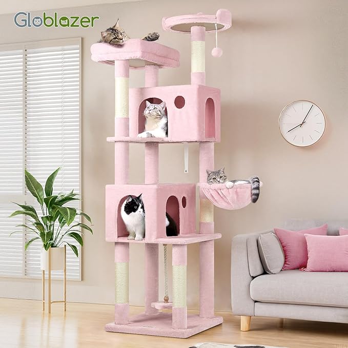 Globlazer Pink Cat Tree, 70 inch Tall Scratching Tower Multi-Level Cat Condo for Indoor Multiple Cats with 2 Large Cat Caves, Top Perch, Large Platform, Bottom Swing, F70B, Pink-PawvioPets
