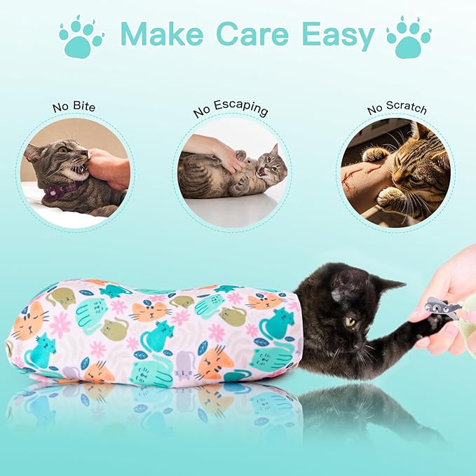 33.5" Cat Wrap for Grooming, Maximum, Self-Adherent Soft Cat Blanket for Nail Clipping, Anti-Scratch-Escape Calming Wrap, Cats Burrito Swaddle for 6-18 lbs (Green Kitten, XX Large)-PawvioPets