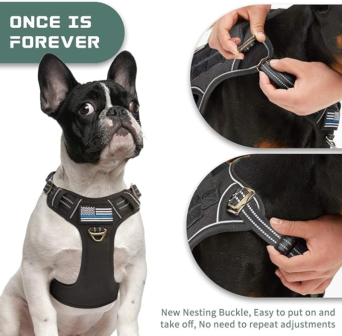 BUMBIN Tactical Dog Harness for Medium Dogs, No Pull, Reflective, Adjustable, Black, M(Neck:16-20", Chest:17-27")-PawvioPets