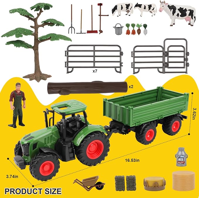 Farm Animal Tractor Toys Playset-16.5 Inches Tractor with Trailer Fence,Farmer,Tree,Cow,Farm Toy Set for Boys Girls Kids Toddlers Age 3-7 Years Old-PawvioPets