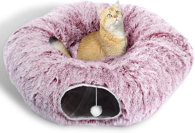 AUOON Cat Tunnel Bed for Indoor Cats - Circle Peekaboo Cat Cave with Washable Mat for Indoor Cats Kitten Kitty Puppy Rabbit Ferret (Rosiness)-PawvioPets