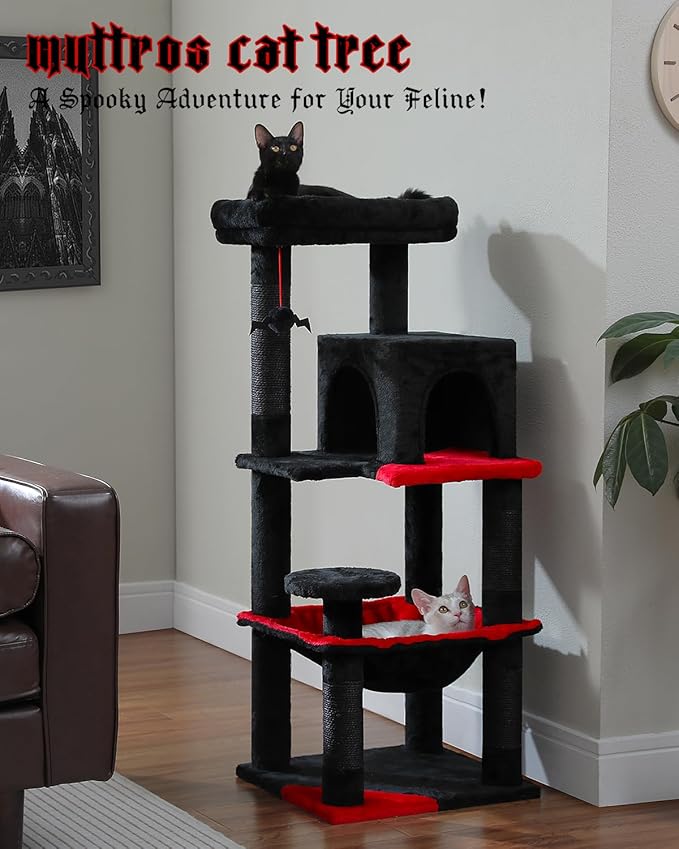 Gothic Cat Tree with Super Large Hammock, 45.7" Black Cat Tower with Coffin Bed, Cat Condo, Sisal Scratching Posts & Top Perch, Multi-Level Goth Cat Tree, Halloween, Black-PawvioPets