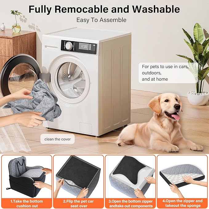 Dog Booster Car Seat, 6in Memory Foam Adjustable Booster Cushion for Small/Medium Dogs, Detachable and Washable Dog Car Seat with Cooling Mat, Pet Booster Seat with Storage Pockets, 2 Safety Belts-PawvioPets