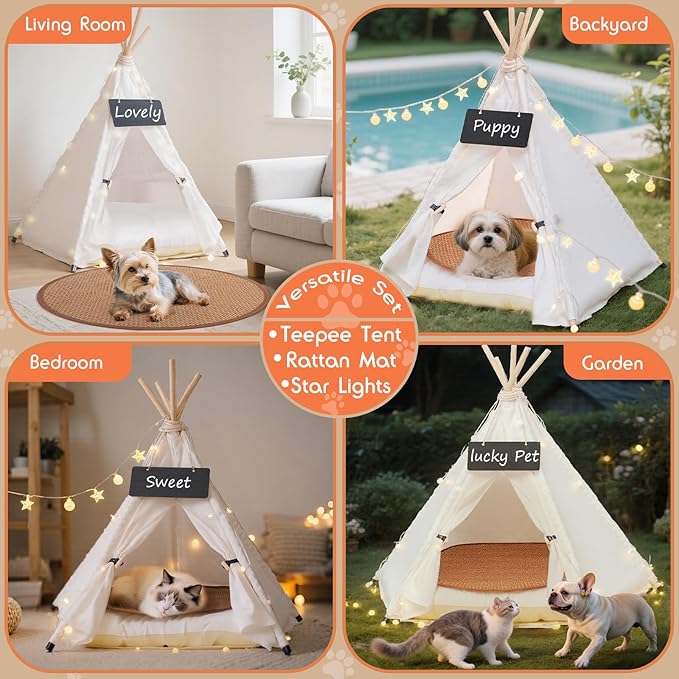 20" Dog& Cat Teepee Tent +24" Pet Cooling Mat +10ft Star String Light [2-Modes],Cotton Thicked Soft Comfort Anti-Slip Cushion (Used/Wash Separately),Medium Pets Tents House Indoor or Outdoor-PawvioPets
