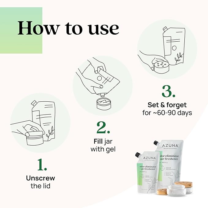 Azuna Air Freshener & Odor Eliminator for Strong Odor | 2 Room Kit Includes (2) 8 oz. Empty Luxe Glass Jars & 12 oz | Refill with Tea Tree Essential Oil Gel | Natural Scent | Last 60-90 Days-PawvioPets