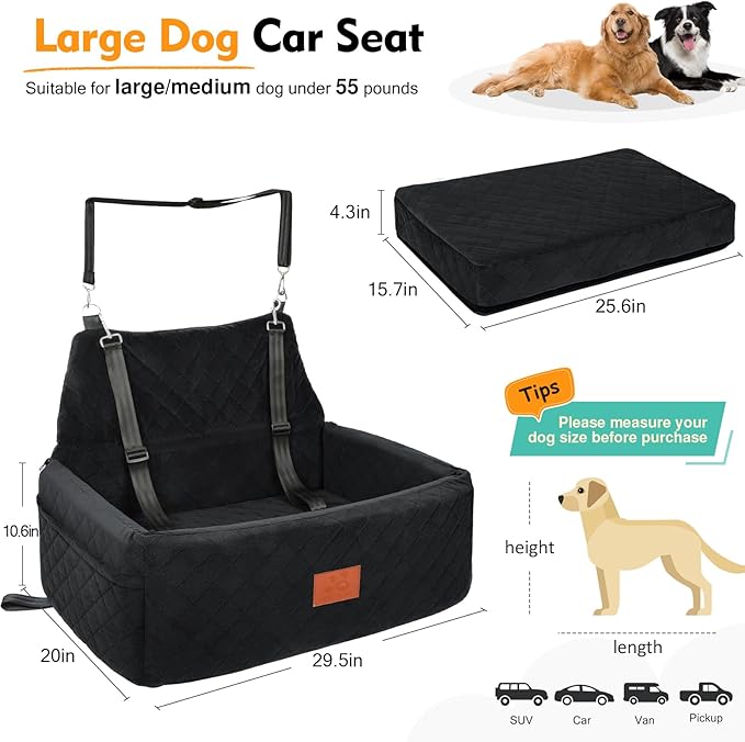 Dog Car Seat for Large Medium Dogs,Portable Washable Pet Car Seat Under 55 lbs,Dog Booster Seat with Thick Cushion,2 Safety Leashes Travel Car Dog Bed-PawvioPets