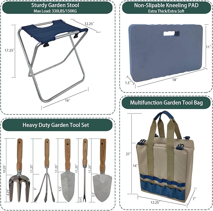 Garden Folding Gardener Stool with Gardening Tools Insulation Garden Bags Plus 5 Garden Tools and Gardening Kneeler Ideal Gift for Mother's Day/Father's Day (Navy Blue)-PawvioPets