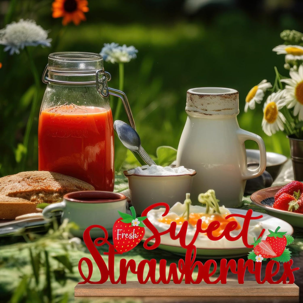 Fresh Sweet Strawberries Metal Sign Rustic Table Decor Summer Tiered Tray Decor with Wooden Base Freestanding Metal Word Sign for Home Tabletop Centerpiece Mantel Shelf Fireplace
