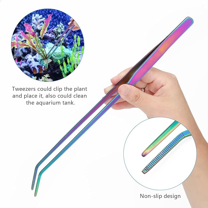 Aquarium Aquascape Tools Kit 15 in, 4in1 Anti-Rust Aquatic Plant Aquascaping Tool Stainless Steel Silver Tweezer Scissors Spatula for Aquarium Tank Clean (15in, Colorful)-PawvioPets