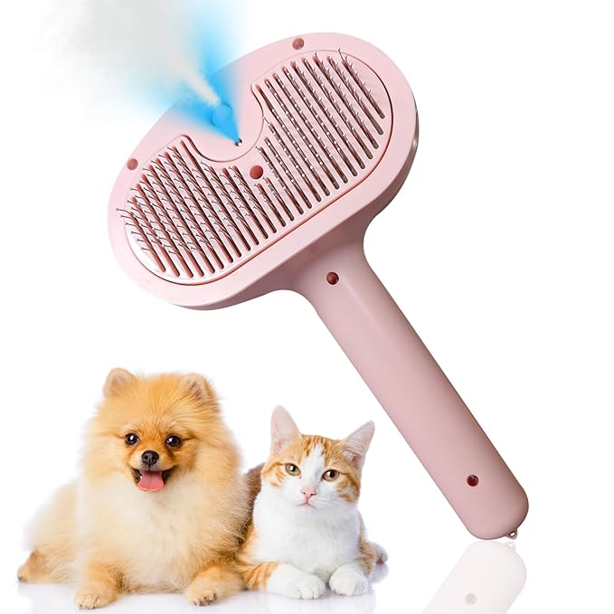 Cat Dog Grooming Brush 5-in-1 Pet Grooming Spray Brush Comb for Massaging and Cleaning Shedding Pet Hair, 1-Touch Release Button for Long/Short Hair Pets (Pink)-PawvioPets