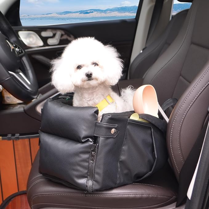 2 and 1 Center Console Dog Car Seat & Carrier for Small Dogs, Large Leather Dog Car Bed with Storage Pocket, Waterproof PVC Leather Seat Travel Bed for Front & Back Seat, Clip-On Safety Leash-PawvioPets