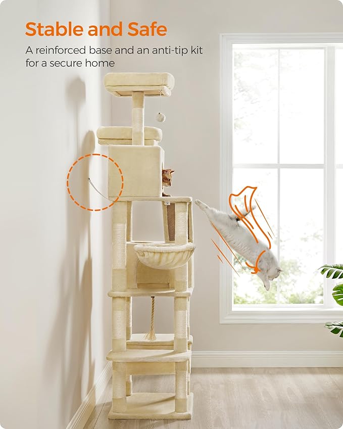 Feandrea Cat Tree, 81.1-Inch Large Cat Tower with 13 Scratching Posts, 2 Perches, 2 Caves, Basket, Hammock, Pompoms, Multi-Level Plush Cat Condo for Indoor Cats, Beige UPCT190M01-PawvioPets