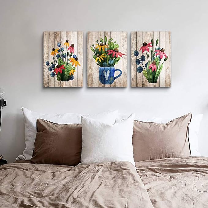Canvas Wall Art For Kitchen Wall Decoration For Living Room Wall Decor For Bedroom Room Decor Vintage Wood Grain Plant Flowers Wall Painting Office Wall Pictures Artwork Home Decor 16" X 24" 3 Piece-PawvioPets