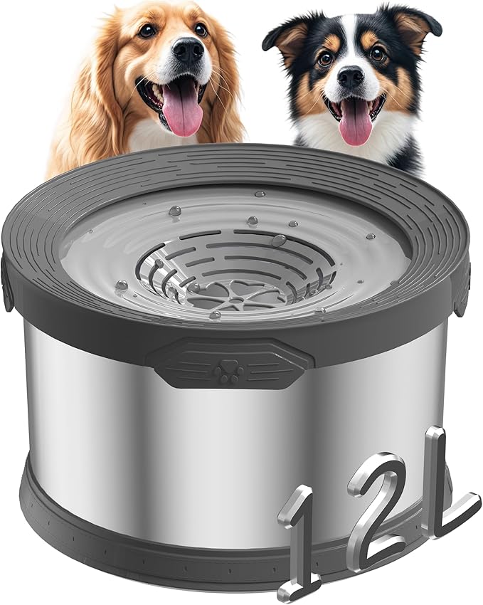 12L Dog Water Bowl No Spill 3.1 Gallon Super Large Capacity Stainless Steel No Splash Dog Bowls Slow Drinking Feeder with Non-Slip Base Pet Water Dispenser for Dogs-PawvioPets