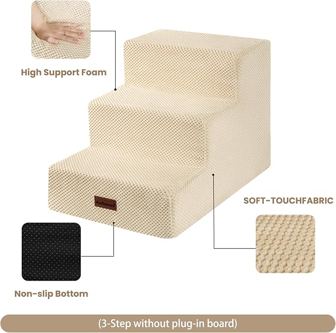 Dog Stairs for Small Dogs & Cats, 3-Step Extra Wide Non-Slip Pet Steps for Couch Sofa and Chair, Beige, 15.7" H-PawvioPets