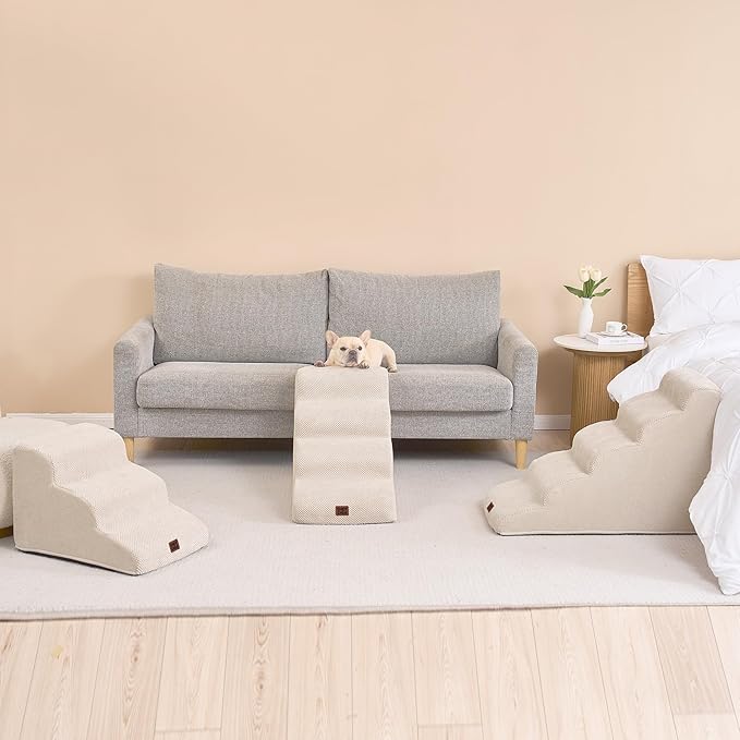 EHEYCIGA Curved Dog Stairs Ramp for High Beds 22.6" H, 5-Step Dog Steps for Small Dogs and Cats, Pet Stairs for High Bed Climbing, Non-Slip Balanced Pet Step Indoor, Beige-PawvioPets