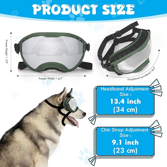 Dog Goggles for Large Dogs, UV Wind Dust Fog Protection, Soft Frame Adjustable Dog Sunglasses, Summer Driving & Winter Snow Eyewear, Tactical Pet Glasses with Elastic Strap (Green)-PawvioPets