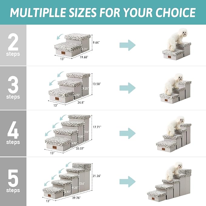 Dog Stair for Small Dogs with Storage, Foldable Pet Stairs for Medium or Puppy Dogs and Older Cats, Dog Steps for Bed or Couch with Soft Cover, 19.7x13x9.6 inch, 2 Tiers, Leopard-PawvioPets