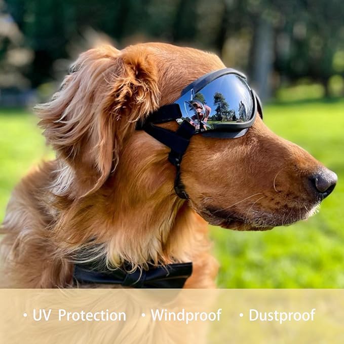 Dog Sunglasses for Large and Medium Breed, Dog Goggles for Large Dogs, Sun Protection, Windproof, Waterproof, Dustproof and Anti-Fog with Adjustable Strap for Driving, Motorcycle, Black-PawvioPets