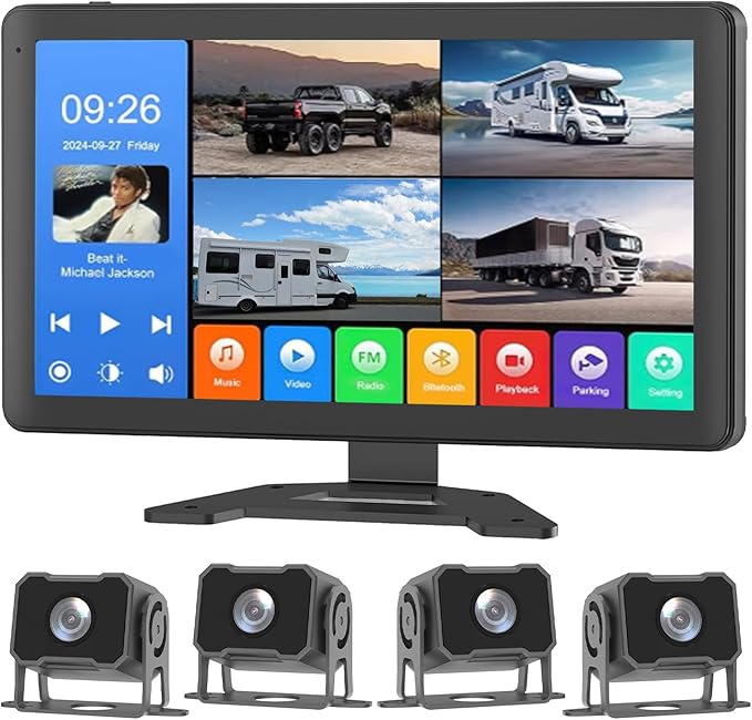 4 Channel 1080p HD Backup Camera System with 10.2" Touchscreen Monitor, DVR Recording/Playback, Bluetooth, FM Radio & Media Player for Trucks, Semis, RVs, Trailers, Vans, SUVs, Cars-PawvioPets
