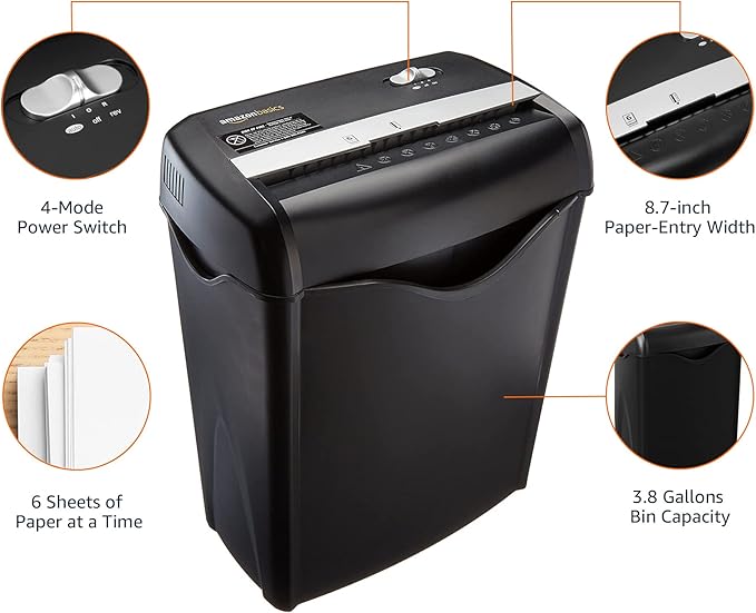 Amazon Basics 6 Sheet Cross Cut Paper and Credit Card Home Office Shredder with 3.8 Gallon Bin, Black-PawvioPets