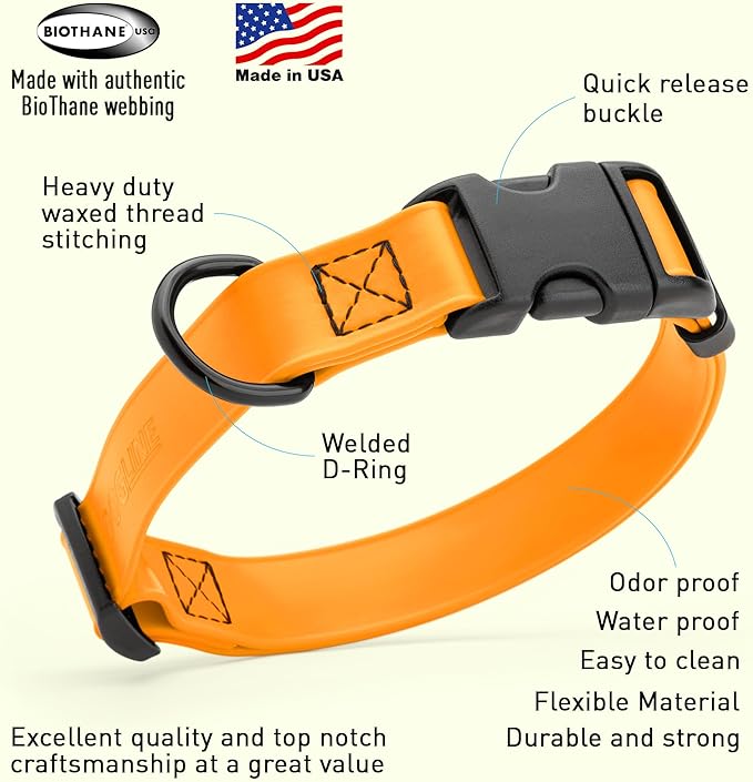 Dogline Biothane Waterproof Dog Collar with Quick Release Buckle Strong Coated Nylon Webbing with Odor- Proof for Easy Care Easy to Clean Fits Small Medium Large Dogs, Tangerine Orange 3/4" W 12-19" L-PawvioPets